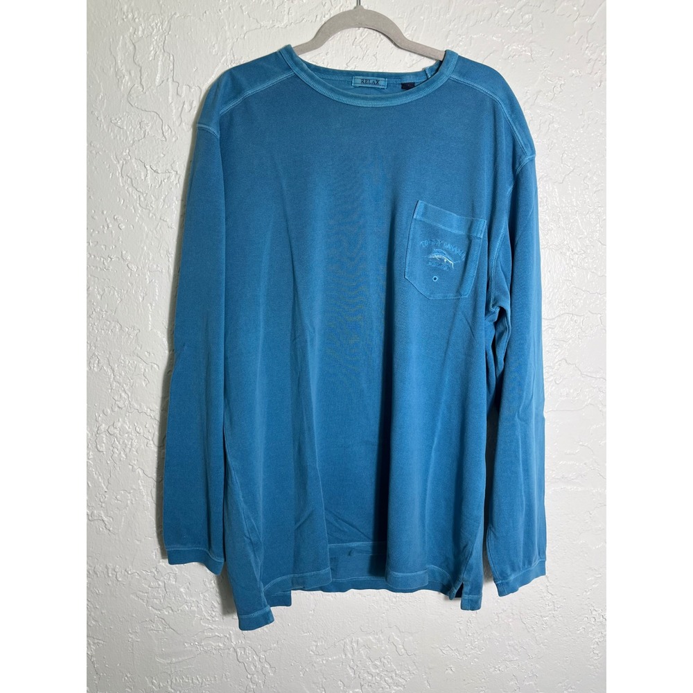 Tommy Bahama Relax Mens XL Blue Long Sleeve Pocket T-Shirt Cotton Marlin‎ Logo